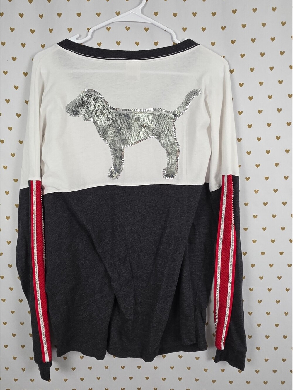 Victorias Secret PINK Dog Logo Bling Sequined Silver Long Sleeve V Neck Tee L